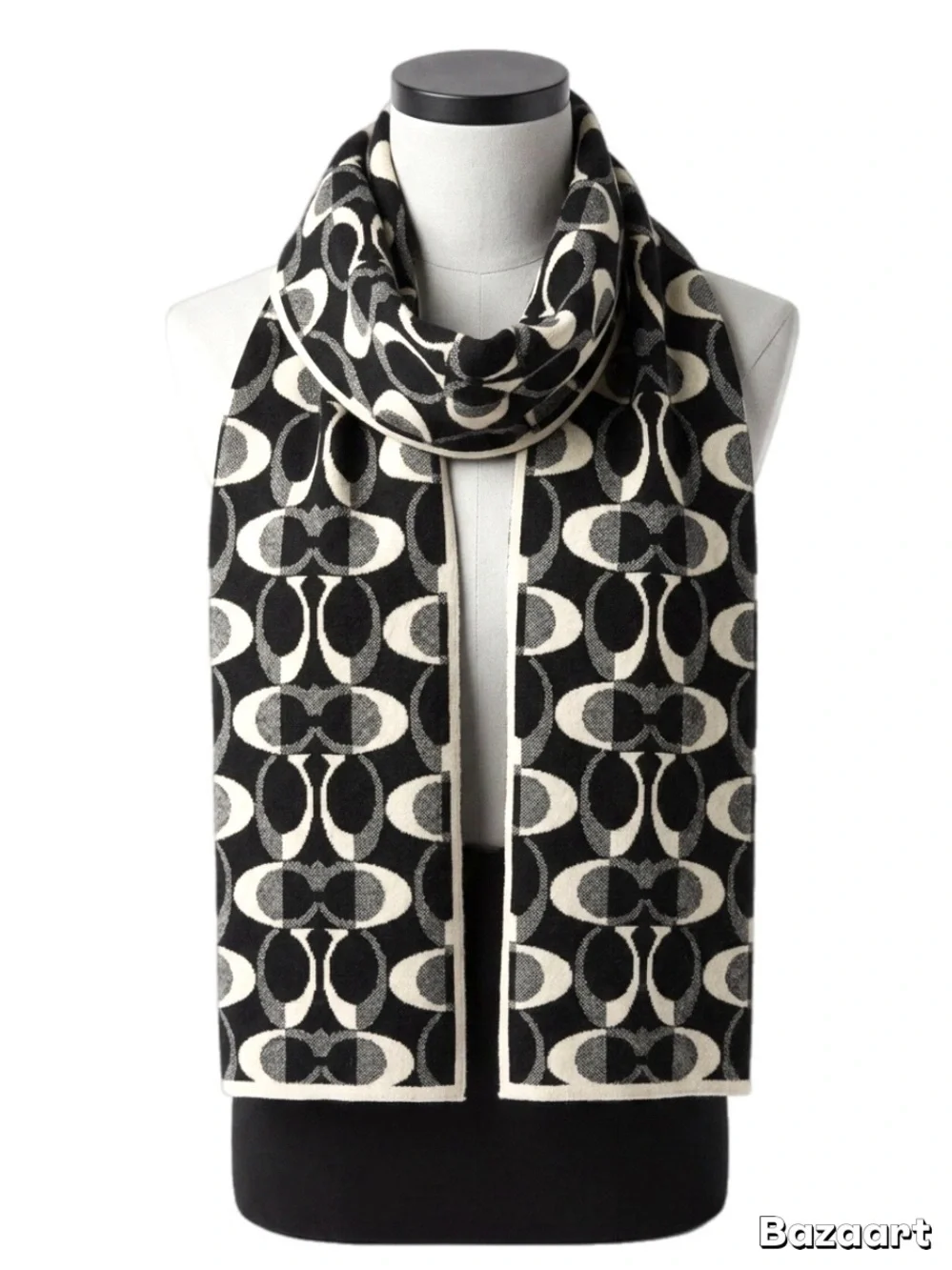 Coach Women’s C Logo Knit Scarf Black Cream Double-Sided